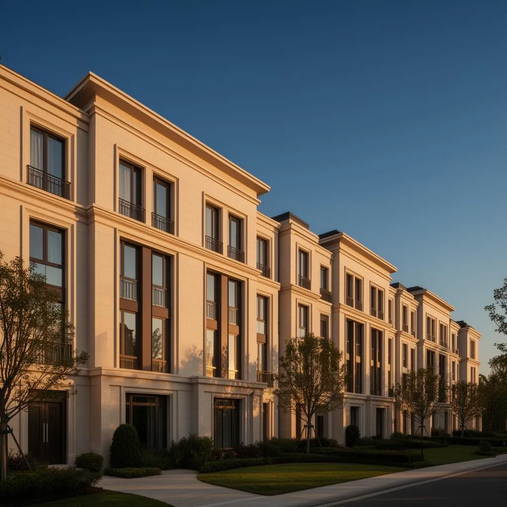 Fachada de empreendimento residencial nobre ao entardecer